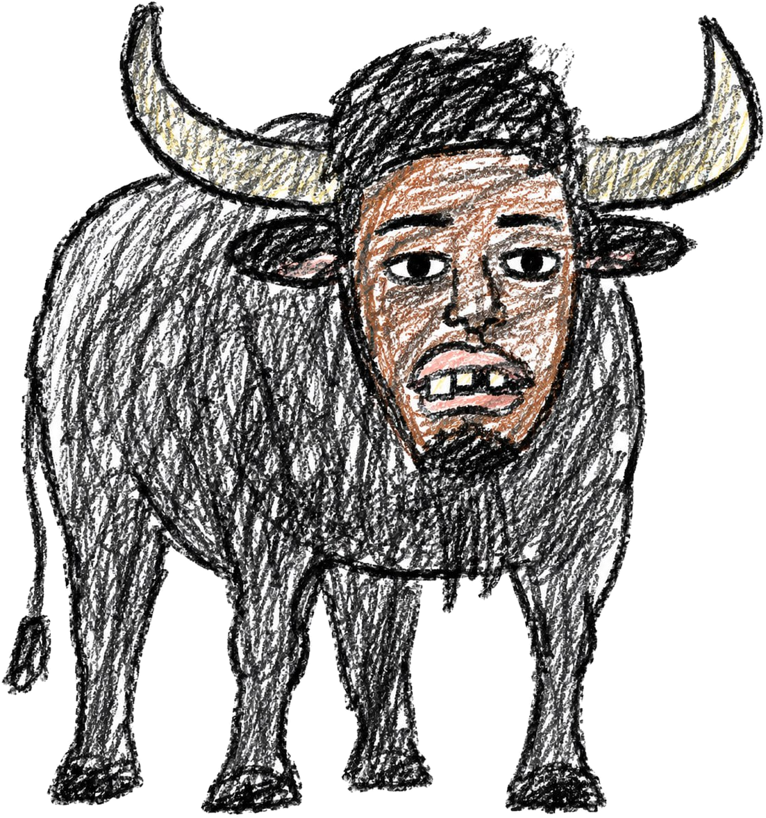 Hand-drawn black bull with a human face